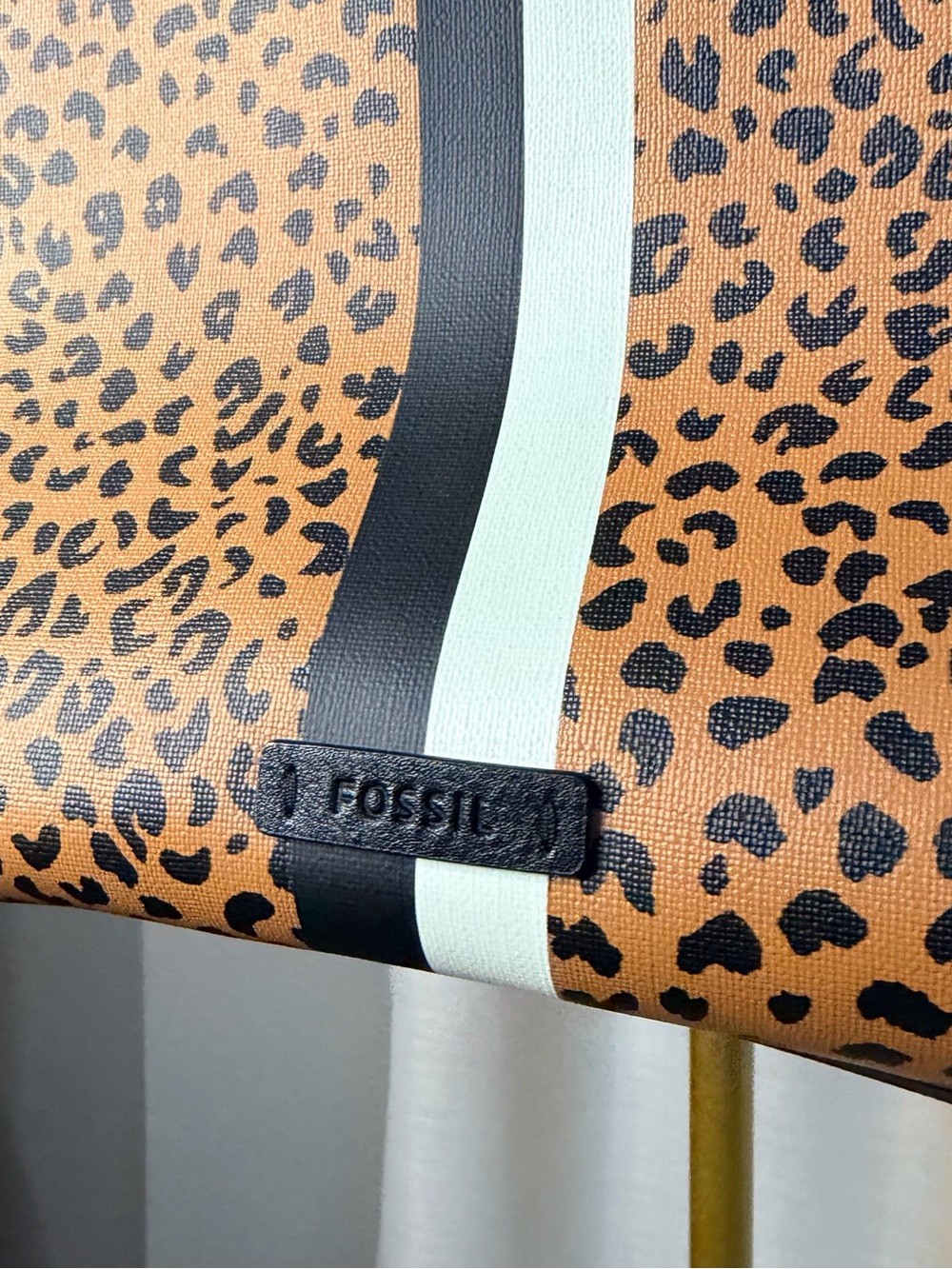Fossil Rachel Leopard Print Tote with Black Straps and Cream Center Stripe - Picture 3 of 7